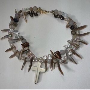 Custom Unique Pearl and Shell Cross Choker